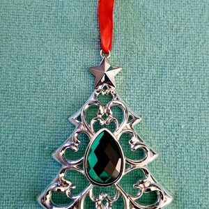 Silver Holiday Tree Ornament with Teal Gem